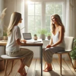 Deux femmes en séance de coaching bien-être à La Cadière-d’Azur, illustrant une relation humaine et authentique au cœur de l’accompagnement professionnel