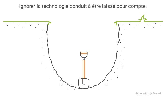 Illustration d’une pelle au fond d’un fossé en forme de U, symbolisant l’effort nécessaire pour ne pas rester à l’écart des évolutions technologiques.