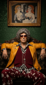 Image IA générée via prompt “homme perruque afro, chemise colorée, veste jaune moutarde, cadre ancien”